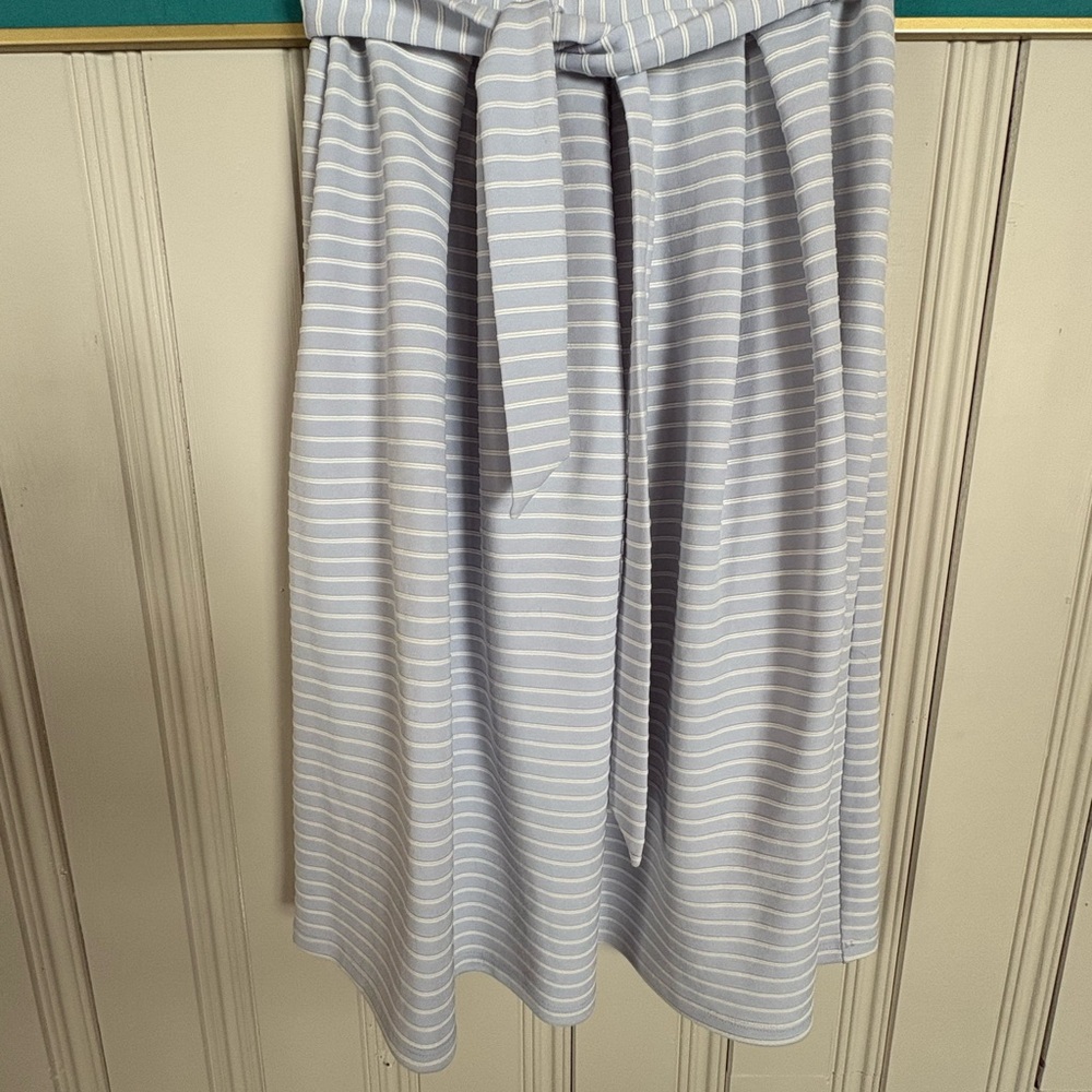 Miss Selfridge Baby Blue and White Midi A-Line Skirt with Tie Front